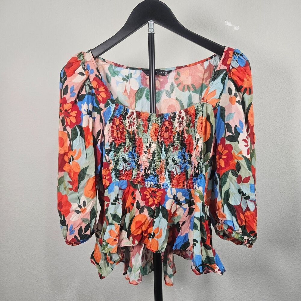 ZARA Woman Floral Smocked Peplum Blouse M Puff Sleeve Square Neck Cottagecore